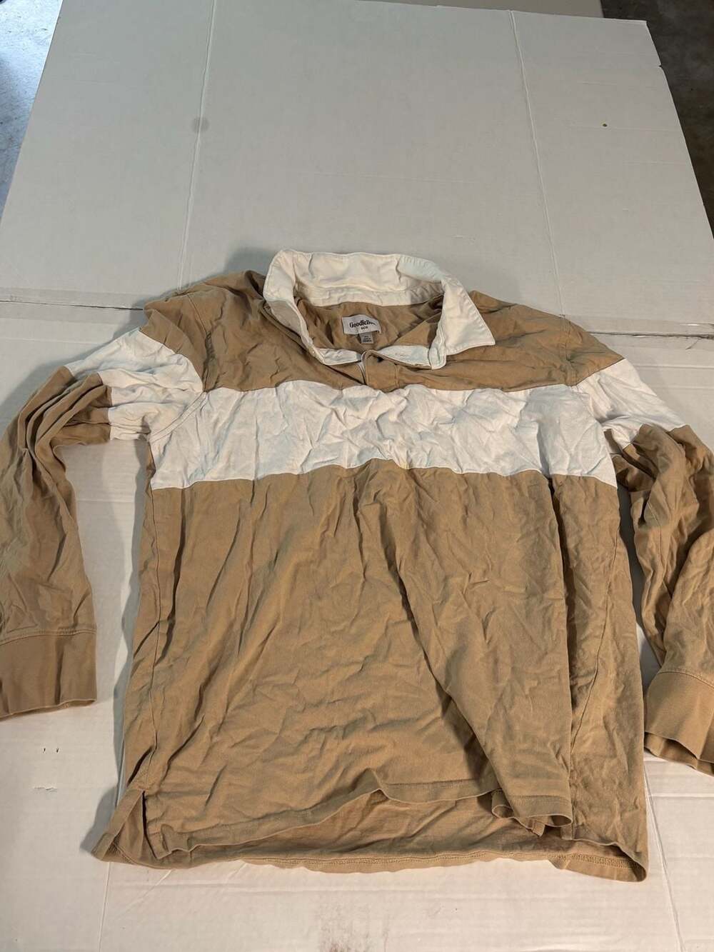 Goodfellow & Co Men's Long Sleeve Colorblock Rugby Polo Shirt Beige White XL